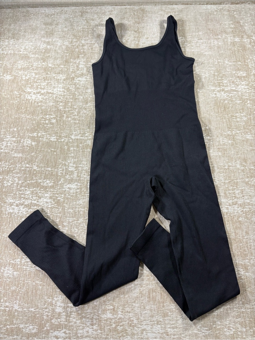 Sleek Black Ribbed Scoop-Neck Jumpsuit